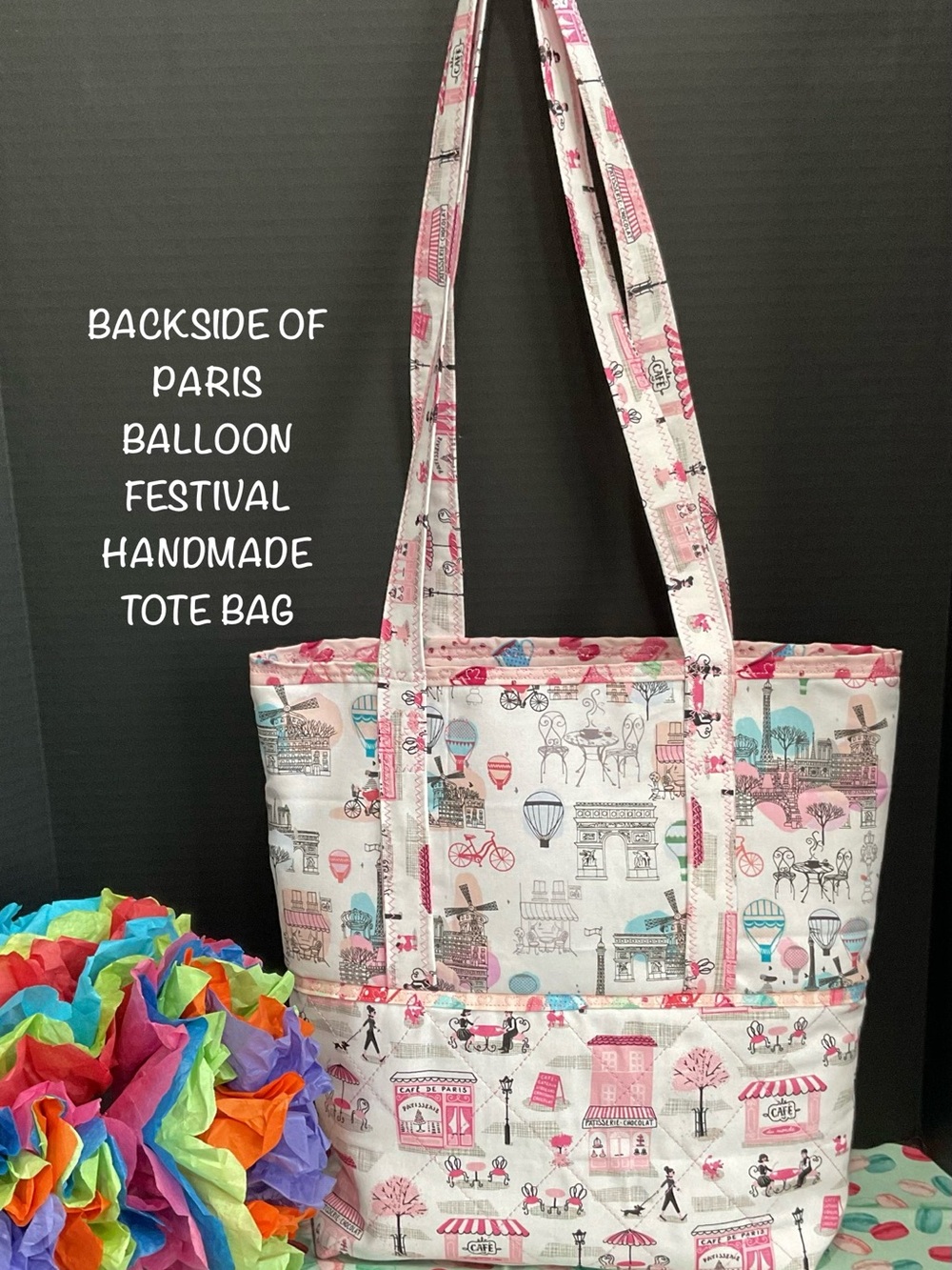NEW PARIS DE CAFE QUILTED HANDMADE TOTE BAG W/PIBK GLASS BRACELETS & CHARMS - Picture 2 of 3
